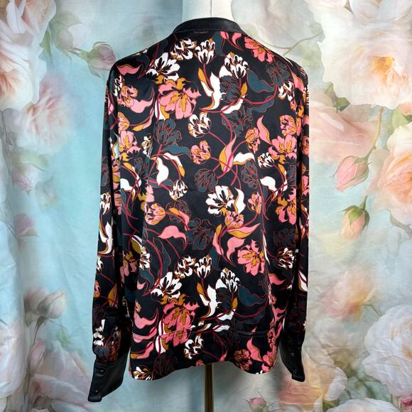 Marc New York Andrew Marc Floral Longsleeve Button Front Faux Leather Top - Picture 4 of 5